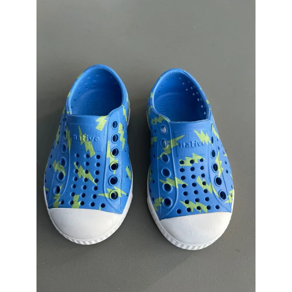 Native Jefferson Print Kids Blue Green Lightning Bolt Slip On Shoes Size C5